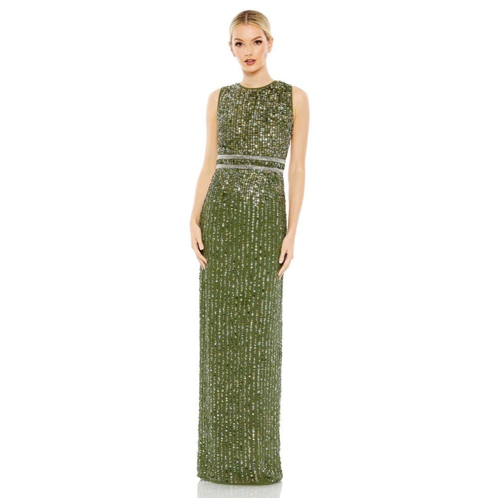 Mac Duggal‎ SEQUINED HIGH NECK SLEEVELESS COLUMN GOWN in olive size 2